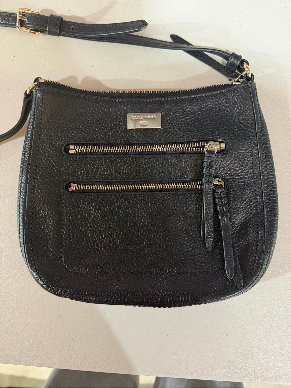 Cole Haan Black Leather Crossbody Bag with Double Zip Pockets